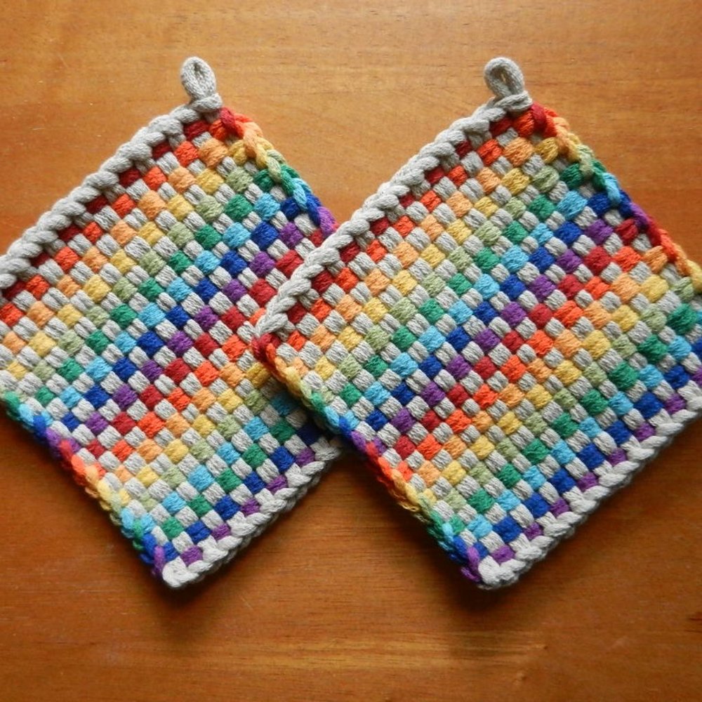 Set of 2 Handmade Artisan Woven Loomed Rainbow Fiesta Potholders Hot PadsTrivets